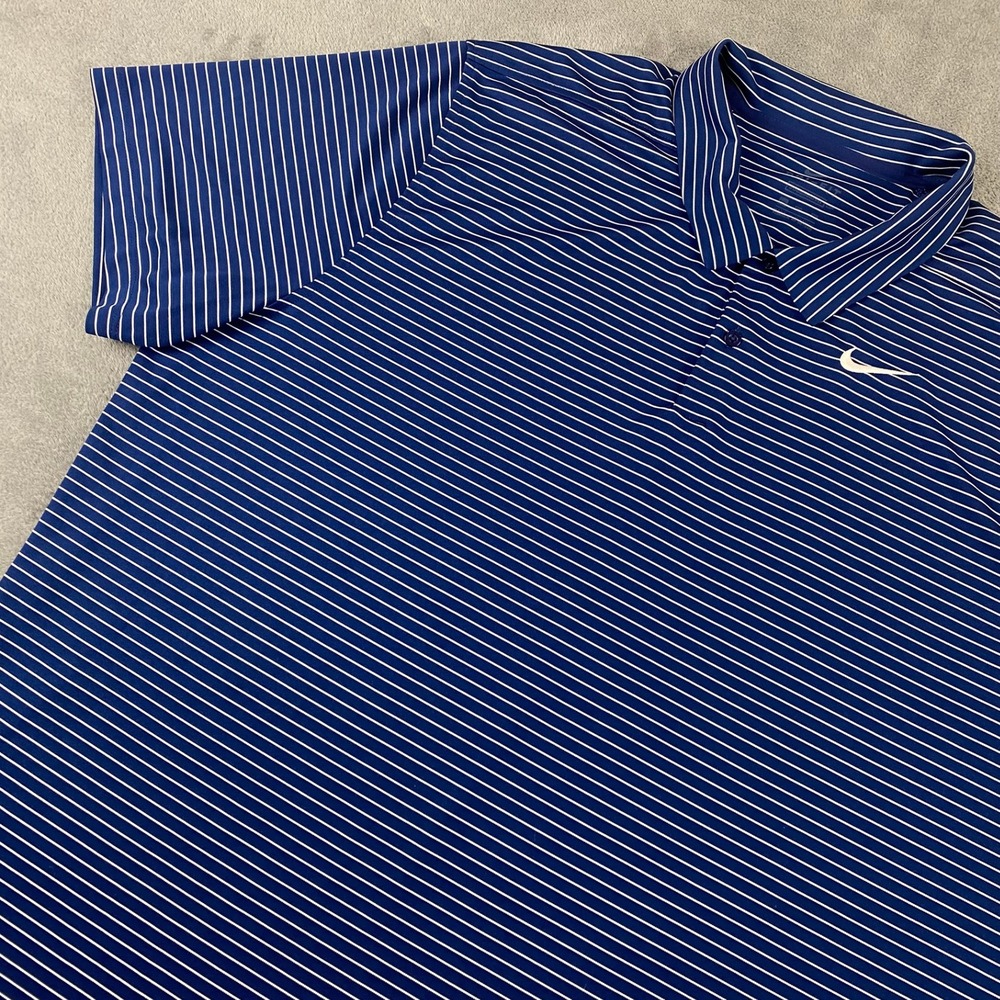 Nike Mens XXL Polo Shirt Navy Blue Striped Dri-FIT Short Sleeve Golf Top